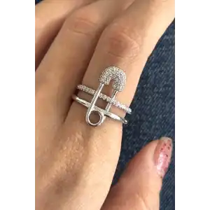 Gümüş Renk Kilitli İğne Figürlü 14K Altın Kaplama Ayarlanabilir Yüzük