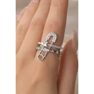 Gümüş Renk Kilitli İğne Figürlü Ayarlanabilir Yüzük