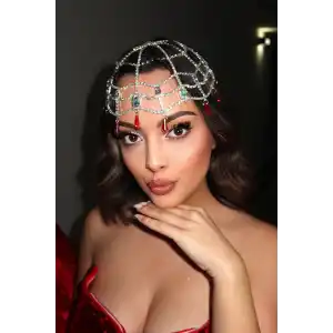 Gümüş Renk Kırmızı Taş Detaylı Saç Aksesuarı/ Kına Aksesuarı