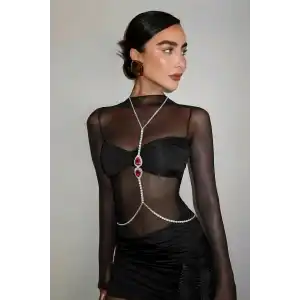 Gümüş Renk Kırmızı Taş Detaylı Tasarım Vücut Aksesuar