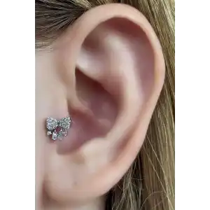 Gümüş Renk Kurdele Figürlü Çelik Tragus/Kıkırdak Küpe/Piercing (Tek)