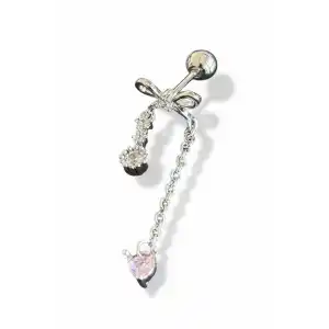 Gümüş Renk Kurdele Figürlü Sallantılı Cerrahi Çelik Tragus/Kıkırdak Küpe/Piercing (Tek)