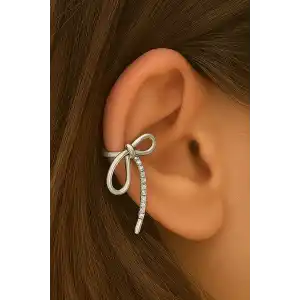 Gümüş Renk Kurdele Figürlü Taş Detaylı 14K Altın Kaplama TX Ear Cuff (Tek)
