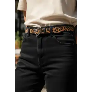 Gümüş Renk Leopar Desenli Kadın Deri Kemer