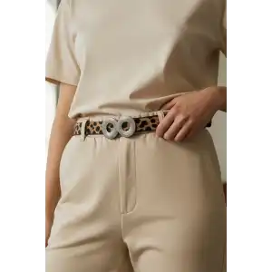 Gümüş Renk Leopar Desenli Kadın Deri Kemer