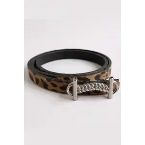 Gümüş Renk Leopar Desenli Kadın Deri Kemer