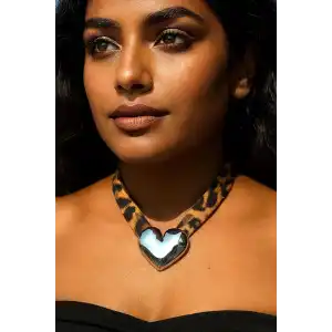 Gümüş Renk Leopar Desenli Kalp Figürlü Tasarım Kolye