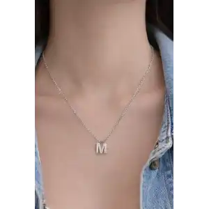 Gümüş Renk M Harf Çelik Kolye