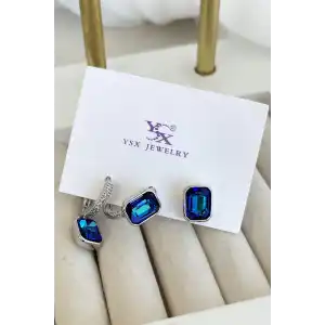 Gümüş Renk Mavi Taş Detaylı VİP 3lü YSX Küpe Set