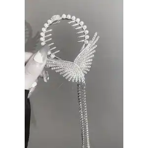 Gümüş Renk Melek Kanadı Figürlü İnci Ve Taş Detaylı Topuz Toka