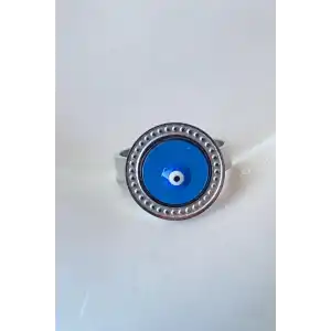 Gümüş Renk Nazar Boncuğu Figürlü Ayarlanabilir Çelik Yüzük