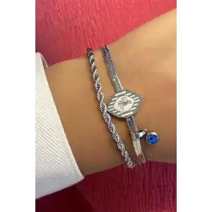 Gümüş Renk Nazar Boncuğu Figürlü Çelik Bileklik