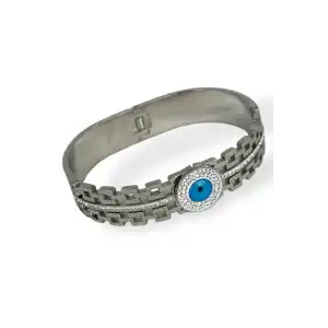 Gümüş Renk Nazar Boncuğu Figürlü  Taş Detaylı Çelik Kelepçe Bileklik