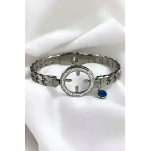 Gümüş Renk Nazar Boncuk Figürlü Çelik Kelepçe Bileklik