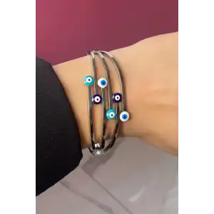 Gümüş Renk Nazar Boncuk Figürlü Çelik Kelepçe Bileklik