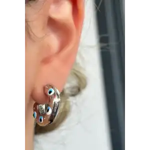 Gümüş Renk Nazar Boncuk Figürlü Halka Küpe (Çift)