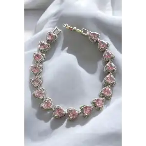 Gümüş Renk Pembe Kalp Figürlü VİP Bileklik
