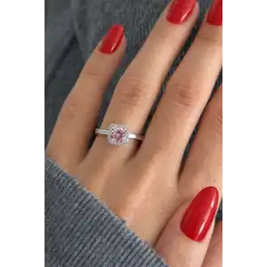 Gümüş Renk Pembe Taşlı Baget Yüzük (Ayarlanabilir)