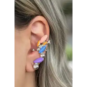 Gümüş Renk Renkli Taş Detaylı 14K Altın Kaplama TX Ear Cuff (Tek)