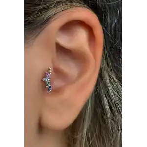 Gümüş Renk Renkli Taş Detaylı Çelik Tragus/Kıkırdak Küpe/Piercing (Tek)