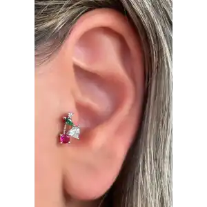 Gümüş Renk Renkli Taş Detaylı Çelik Tragus/Kıkırdak Küpe/Piercing (Tek)