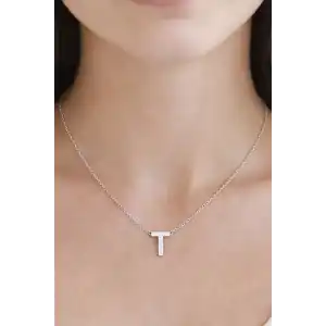 Gümüş Renk T Harf Çelik Kolye