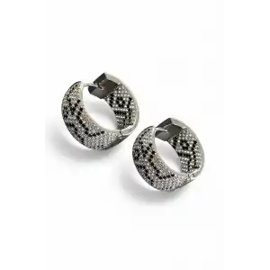 Gümüş Renk Taş Detaylı 14K Altın Kaplama Halka Küpe (Çift)