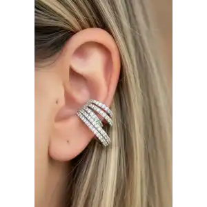 Gümüş Renk Taş Detaylı 14K Altın Kaplama TX Ear Cuff (Tek)