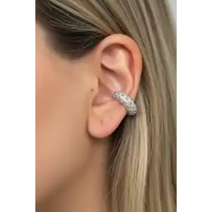 Gümüş Renk Taş Detaylı 14K Altın Kaplama TX Ear Cuff (Tek)