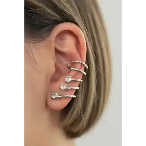 Gümüş Renk Taş Detaylı 14K Altın Kaplama TX Ear Cuff (Tek)