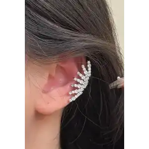 Gümüş Renk Taş Detaylı 14K Altın Kaplama TX Ear Cuff (Tek)