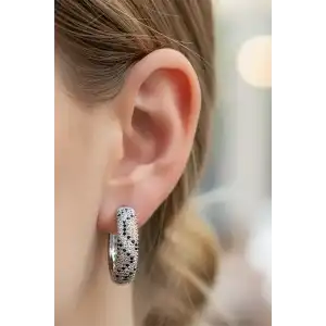 Gümüş Renk Taş Detaylı 14K Altın Kaplama TX Halka Küpe (Çift)