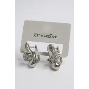 Gümüş Renk Taş Detaylı 14K Altın Kaplama TX Küpe (Çift)