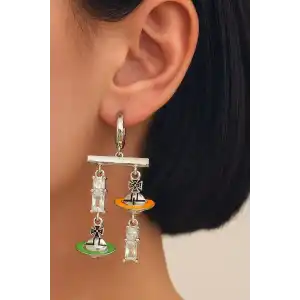 Gümüş Renk Taş Detaylı 14K Altın Kaplama TX Küpe (Çift)