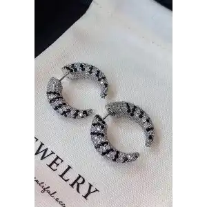 Gümüş Renk Taş Detaylı 14K Altın Kaplama TX Küpe (Çift)