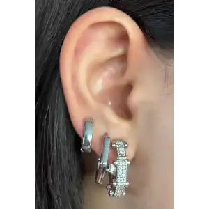 Gümüş Renk Taş Detaylı 3lü YSX Halka Küpe Set