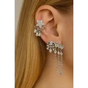 Gümüş Renk Taş Detaylı 3lü YSX Küpe Set