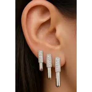 Gümüş Renk Taş Detaylı 3lü YSX Küpe Set