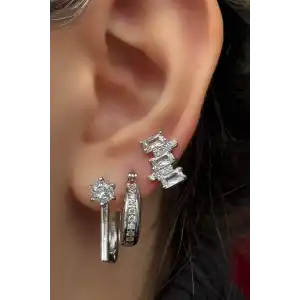 Gümüş Renk Taş Detaylı 3lü YSX Küpe Set