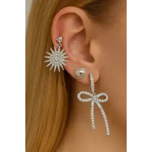 Gümüş Renk Taş Detaylı 3lü YSX Küpe Set