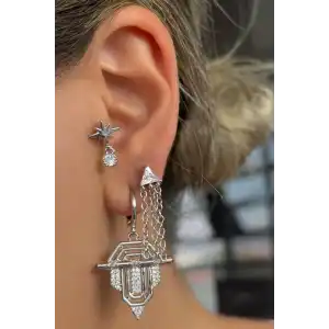 Gümüş Renk Taş Detaylı 3lü YSX Küpe Set