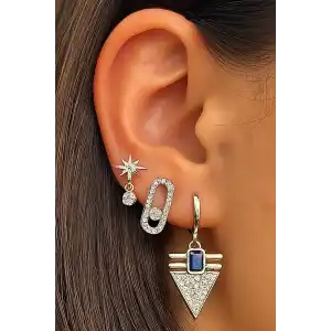 Gümüş Renk Taş Detaylı 3lü YSX Küpe Set