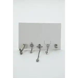 Gümüş Renk Taş Detaylı 5li Küpe Set