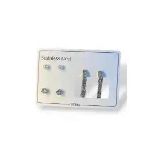 Gümüş Renk Taş Detaylı 6lı Çelik Küpe Set