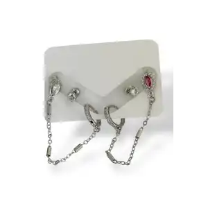 Gümüş Renk Taş Detaylı 6lı Küpe Set