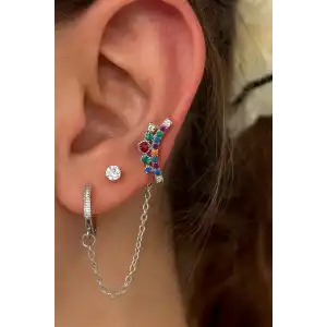 Gümüş Renk Taş Detaylı 6lı Küpe Set