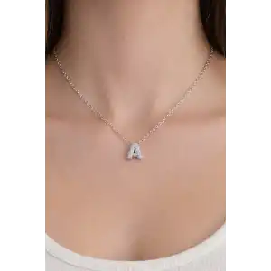 Gümüş Renk Taş Detaylı A Harfli Çelik Kolye