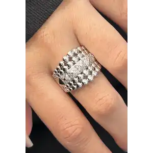 Gümüş Renk Taş Detaylı Ayarlanabilir Çelik Yüzük