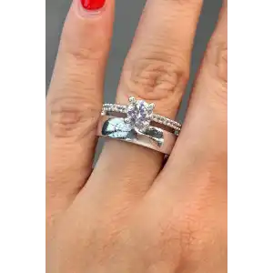 Gümüş Renk Taş Detaylı Ayarlanabilir Yüzük