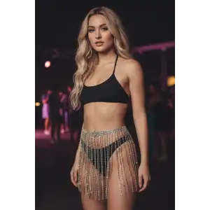 Gümüş Renk Taş Detaylı Bel Zinciri/Vücut Aksesuar